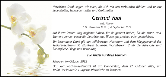 Traueranzeige von Gertrud Vaal von Neue Osnabrücker Zeitung GmbH & Co. KG