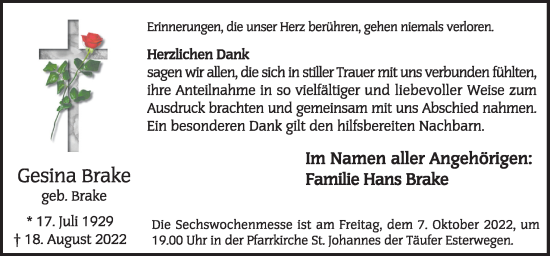Traueranzeige von Gesina Brake von Neue Osnabrücker Zeitung GmbH & Co. KG