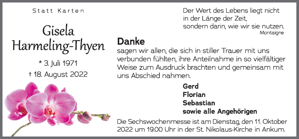  Traueranzeige für Gisela Harmeling-Thyen vom 08.10.2022 aus Neue Osnabrücker Zeitung GmbH & Co. KG