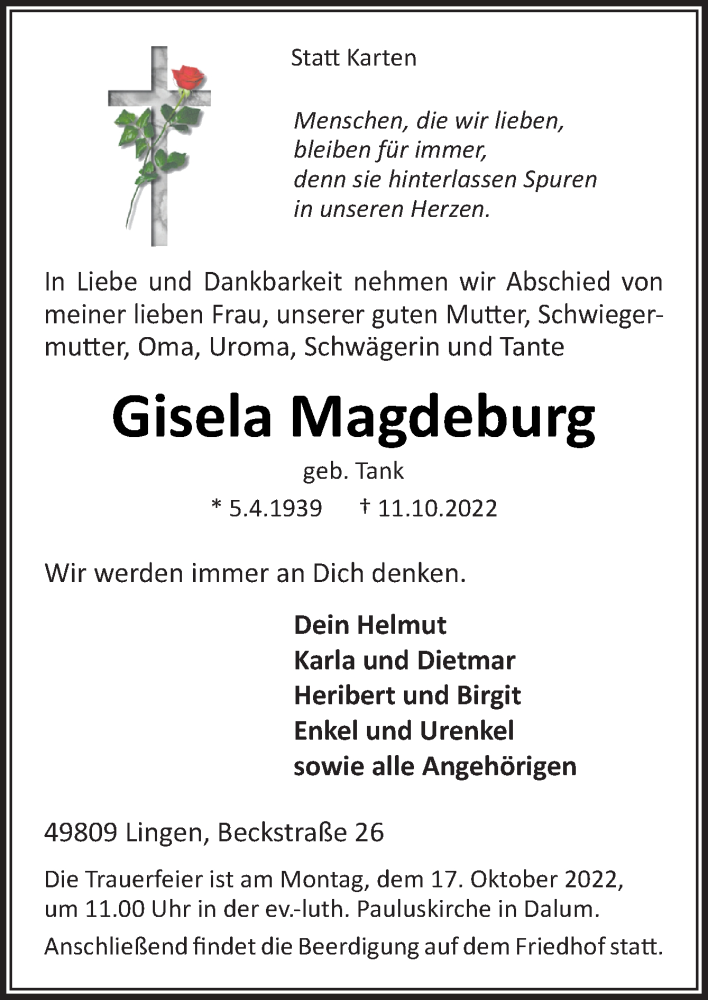  Traueranzeige für Gisela Magdeburg vom 14.10.2022 aus Neue Osnabrücker Zeitung GmbH & Co. KG