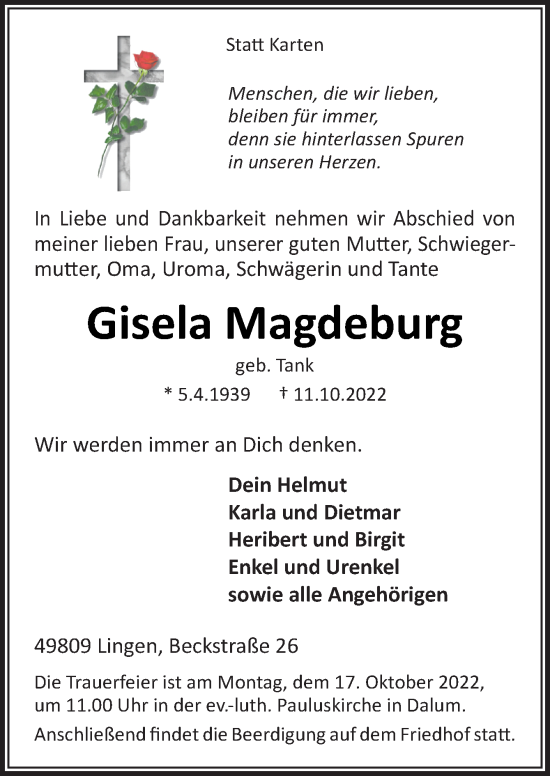 Traueranzeige von Gisela Magdeburg von Neue Osnabrücker Zeitung GmbH & Co. KG