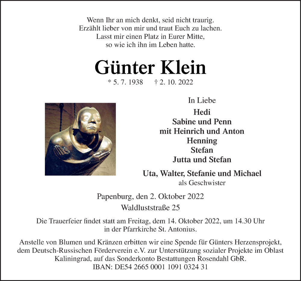  Traueranzeige für Günter Klein vom 08.10.2022 aus Neue Osnabrücker Zeitung GmbH & Co. KG