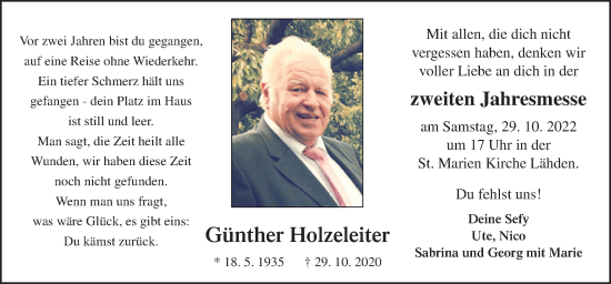 Traueranzeige von Günther Holzeleiter von Neue Osnabrücker Zeitung GmbH & Co. KG