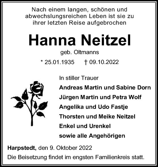 Traueranzeige von Hanna Neitzel von DK Medien GmbH & Co. KG