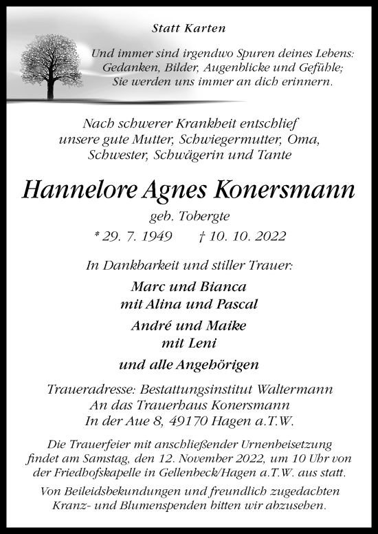 Traueranzeige von Hannelore Agnes Konersmann von Neue Osnabrücker Zeitung GmbH & Co. KG