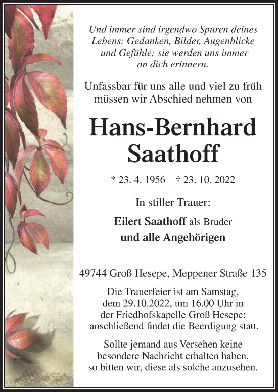 Traueranzeige von Hans-Bernhard Saathoff von Neue Osnabrücker Zeitung GmbH & Co. KG