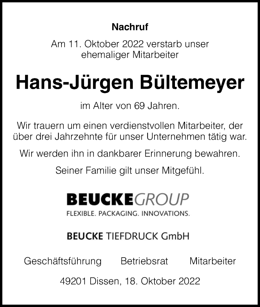  Traueranzeige für Hans-Jürgen Bültemeyer vom 18.10.2022 aus Neue Osnabrücker Zeitung GmbH & Co. KG