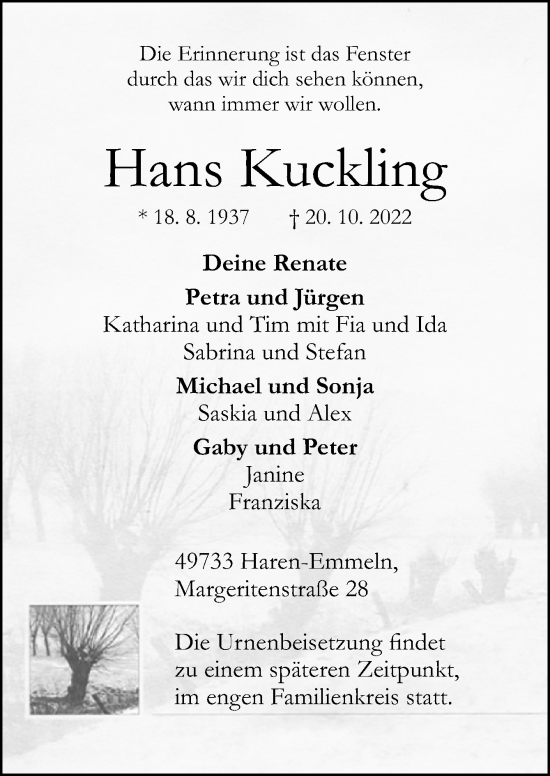 Traueranzeige von Hans Kuckling von Neue Osnabrücker Zeitung GmbH & Co. KG