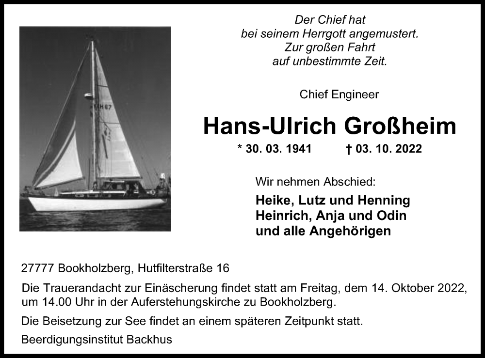  Traueranzeige für Hans-Ulrich Großheim vom 08.10.2022 aus DK Medien GmbH & Co. KG