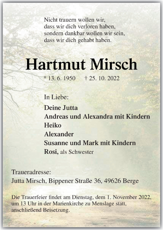 Traueranzeige von Hartmut Mirsch von Neue Osnabrücker Zeitung GmbH & Co. KG