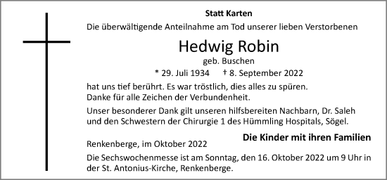 Traueranzeige von Hedwig Robin von Neue Osnabrücker Zeitung GmbH & Co. KG