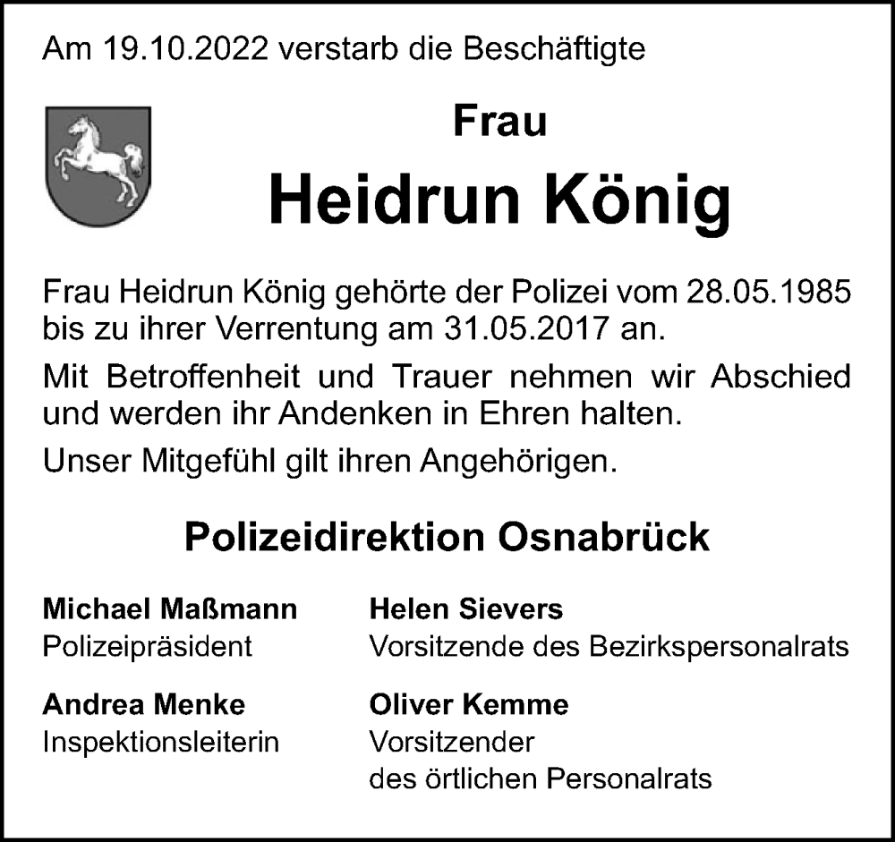  Traueranzeige für Heidrun König vom 28.10.2022 aus Neue Osnabrücker Zeitung GmbH & Co. KG