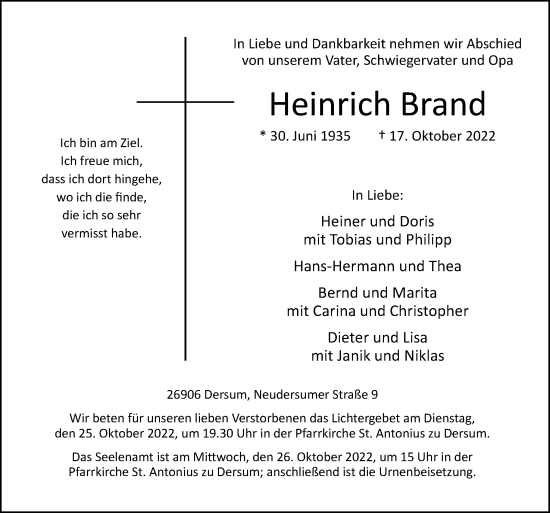 Traueranzeige von Heinrich Brand von Neue Osnabrücker Zeitung GmbH & Co. KG