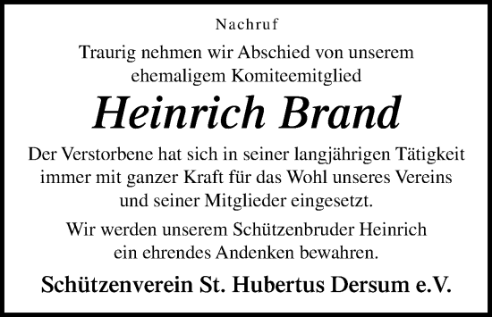 Traueranzeige von Heinrich Brand von Neue Osnabrücker Zeitung GmbH & Co. KG