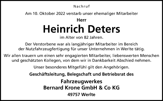 Traueranzeige von Heinrich Deters von Neue Osnabrücker Zeitung GmbH & Co. KG