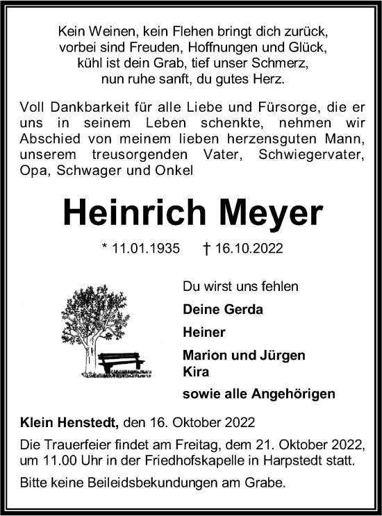 Traueranzeige von Heinrich Meyer von DK Medien GmbH & Co. KG
