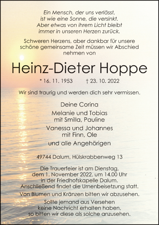 Traueranzeige von Heinz-Dieter Hoppe von Neue Osnabrücker Zeitung GmbH & Co. KG