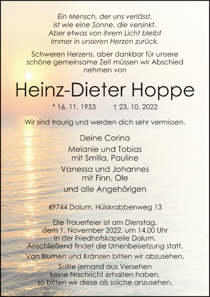  Traueranzeige für Heinz-Dieter Hoppe vom 26.10.2022 aus Neue Osnabrücker Zeitung GmbH & Co. KG