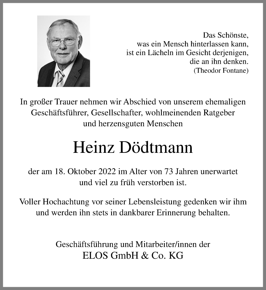  Traueranzeige für Heinz Dödtmann vom 22.10.2022 aus Neue Osnabrücker Zeitung GmbH & Co. KG