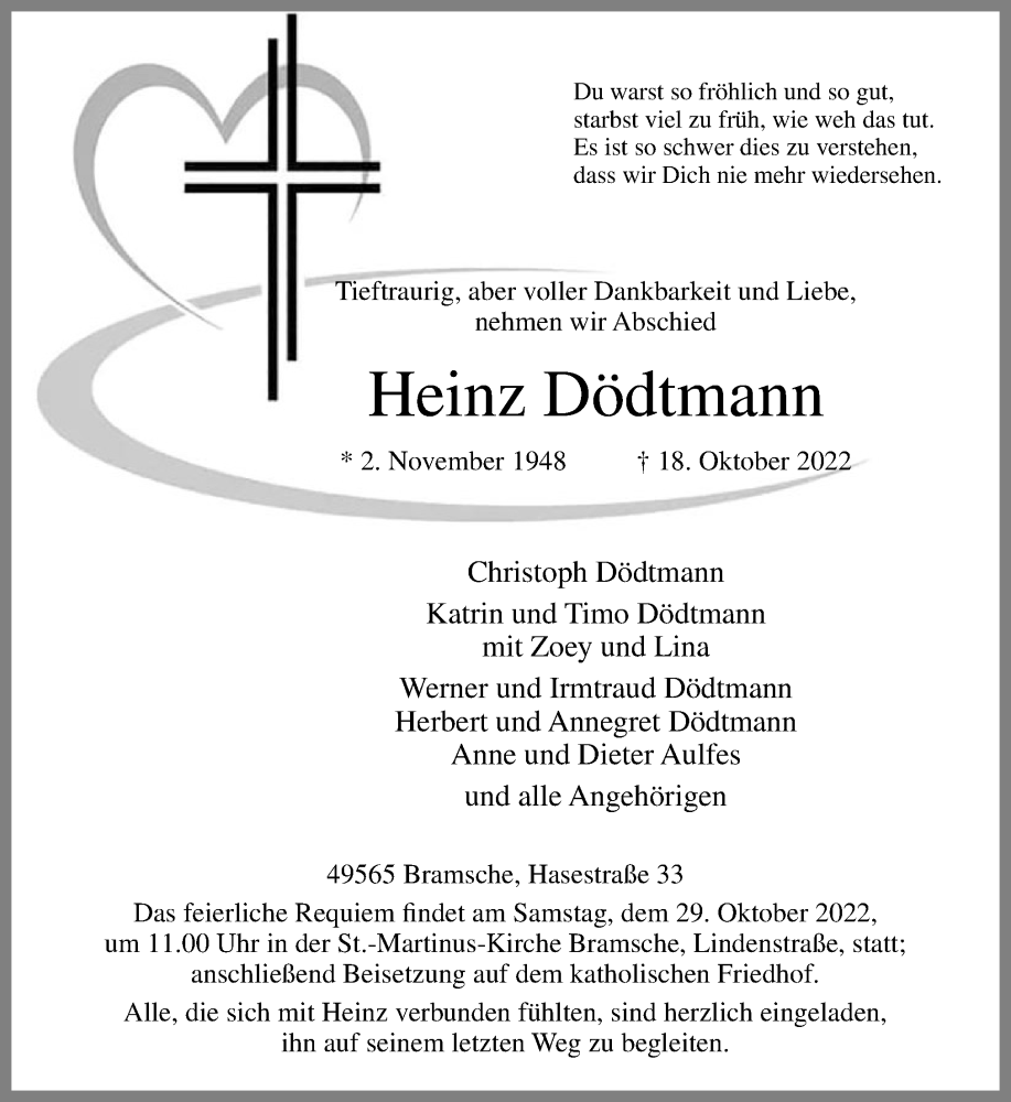  Traueranzeige für Heinz Dödtmann vom 22.10.2022 aus Neue Osnabrücker Zeitung GmbH & Co. KG