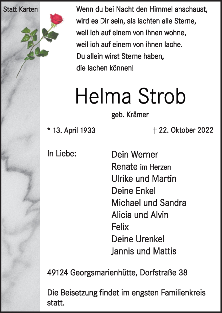  Traueranzeige für Helma Strob vom 29.10.2022 aus Neue Osnabrücker Zeitung GmbH & Co. KG