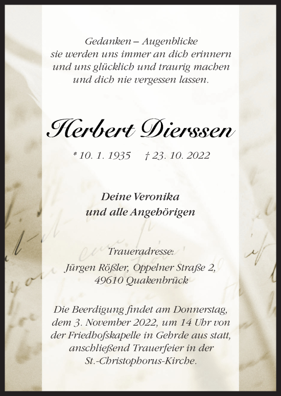 Traueranzeige von Herbert Dierssen von Neue Osnabrücker Zeitung GmbH & Co. KG