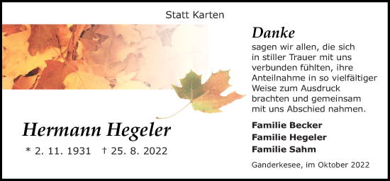 Traueranzeige von Hermann Hegeler von DK Medien GmbH & Co. KG