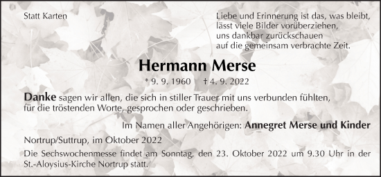 Traueranzeige von Hermann Merse von Neue Osnabrücker Zeitung GmbH & Co. KG