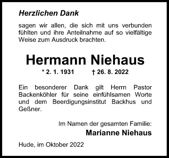 Traueranzeige von Hermann Niehaus von DK Medien GmbH & Co. KG