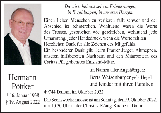 Traueranzeige von Hermann Pöttker von Neue Osnabrücker Zeitung GmbH & Co. KG