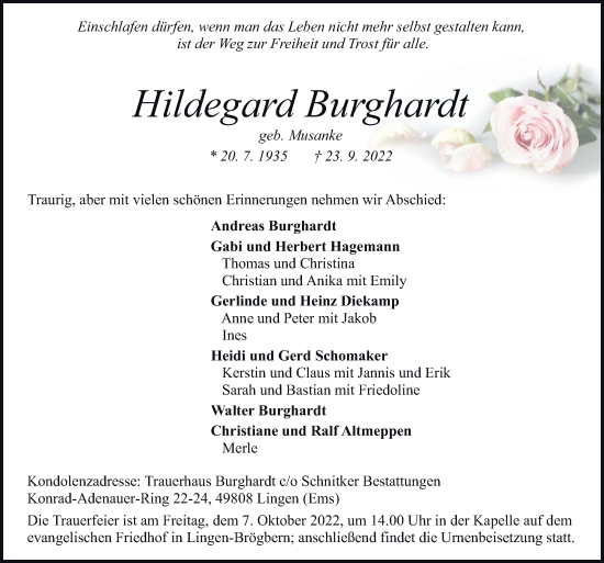 Traueranzeige von Hildegard Burghardt von Neue Osnabrücker Zeitung GmbH & Co. KG