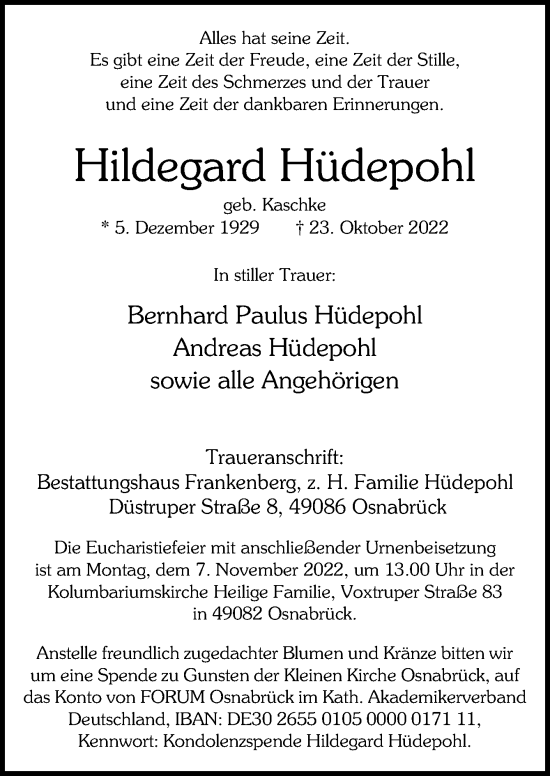 Traueranzeige von Hildegard Hüdepohl von Neue Osnabrücker Zeitung GmbH & Co. KG