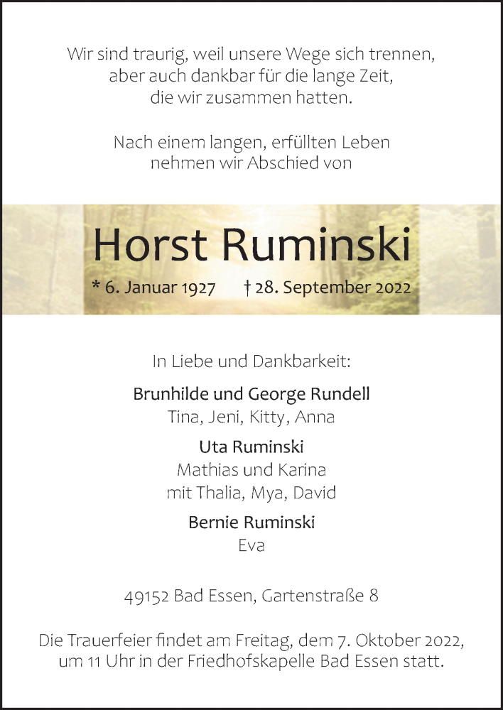  Traueranzeige für Horst Ruminski vom 01.10.2022 aus Neue Osnabrücker Zeitung GmbH & Co. KG
