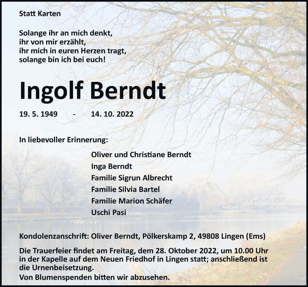  Traueranzeige für Ingolf Berndt vom 22.10.2022 aus Neue Osnabrücker Zeitung GmbH & Co. KG