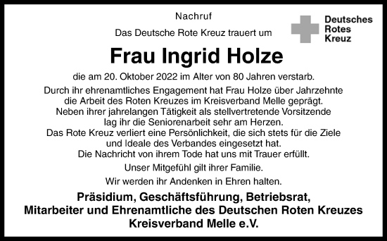 Traueranzeige von Ingrid Holze von Neue Osnabrücker Zeitung GmbH & Co. KG