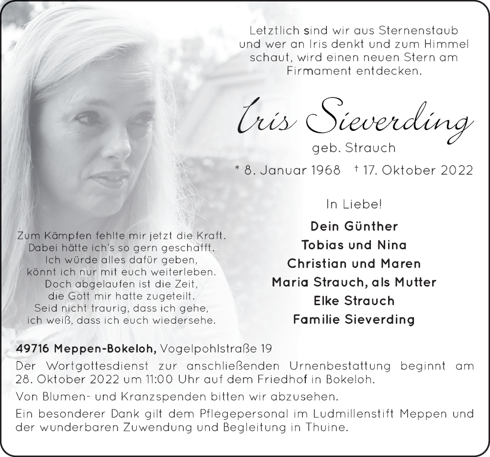  Traueranzeige für Iris Sieverding vom 22.10.2022 aus Neue Osnabrücker Zeitung GmbH & Co. KG