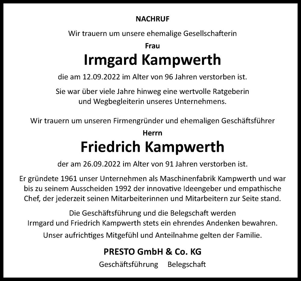  Traueranzeige für Irmgard und Friedrich Kampwerth vom 01.10.2022 aus Neue Osnabrücker Zeitung GmbH & Co. KG