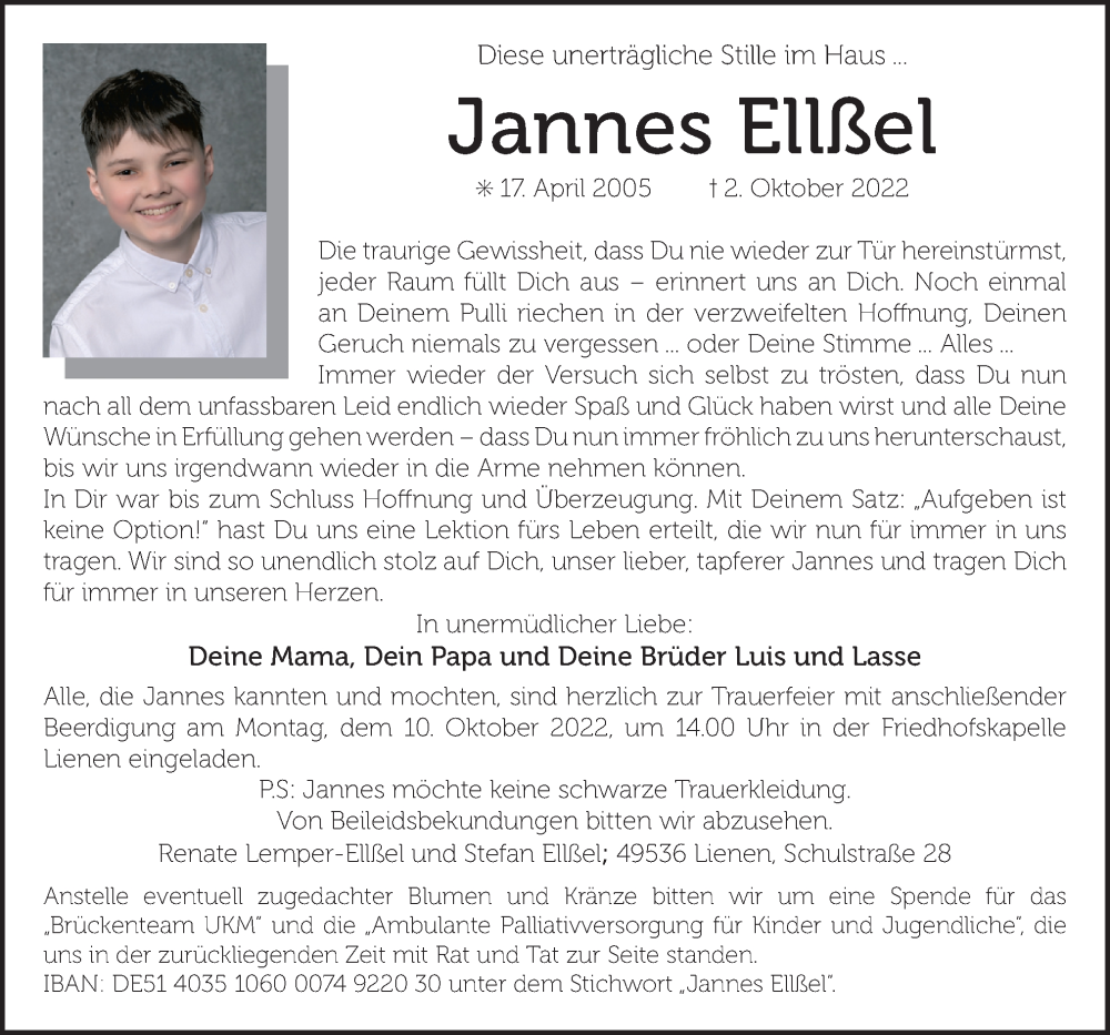  Traueranzeige für Jannes Ellßel vom 06.10.2022 aus Neue Osnabrücker Zeitung GmbH & Co. KG