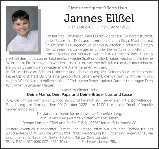Traueranzeige von Jannes Ellßel von Neue Osnabrücker Zeitung GmbH & Co. KG