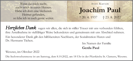 Traueranzeige von Joachim Paul von Neue Osnabrücker Zeitung GmbH & Co. KG