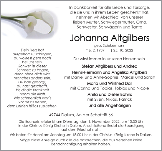 Traueranzeige von Johanna Altgilbers von Neue Osnabrücker Zeitung GmbH & Co. KG