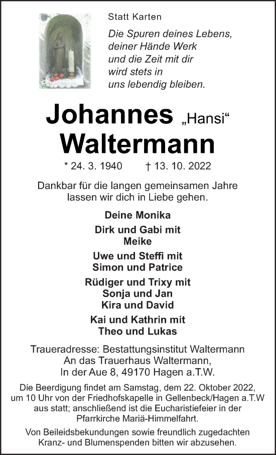 Traueranzeige von Johannes Waltermann von Neue Osnabrücker Zeitung GmbH & Co. KG