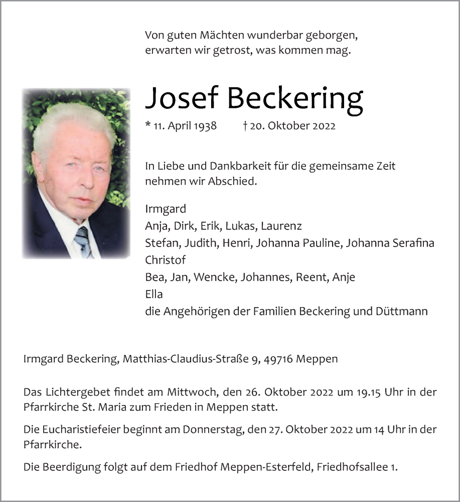  Traueranzeige für Josef Beckering vom 24.10.2022 aus Neue Osnabrücker Zeitung GmbH & Co. KG