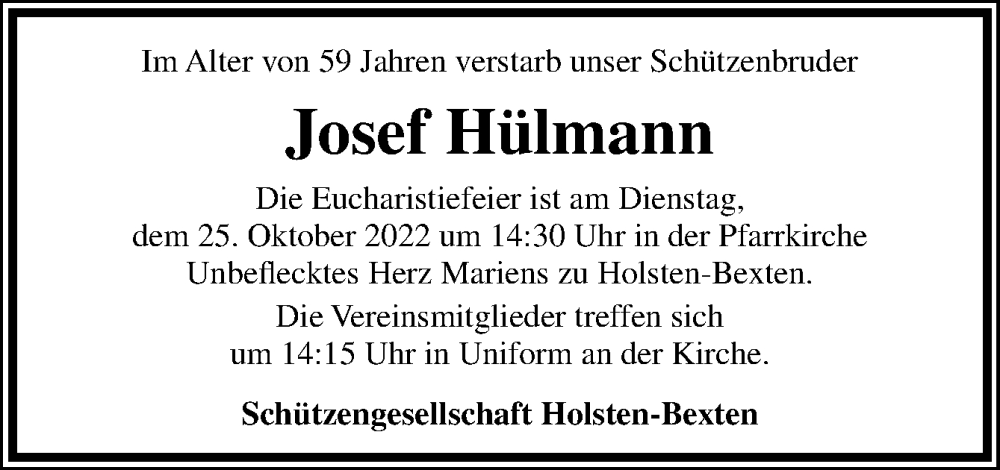  Traueranzeige für Josef Hülmann vom 24.10.2022 aus Neue Osnabrücker Zeitung GmbH & Co. KG