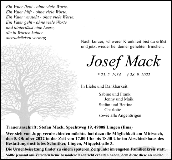 Traueranzeige von Josef Mack von Neue Osnabrücker Zeitung GmbH &amp; Co. KG