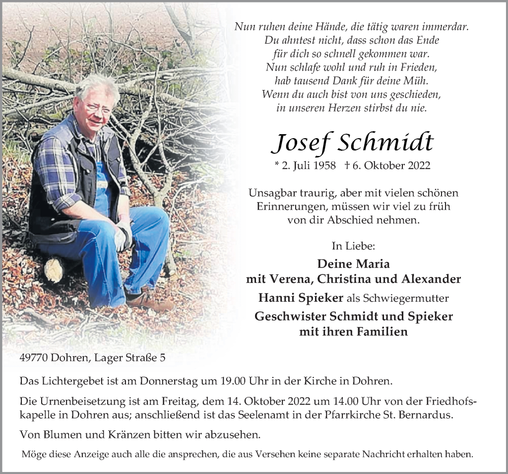  Traueranzeige für Josef Schmidt vom 08.10.2022 aus Neue Osnabrücker Zeitung GmbH & Co. KG