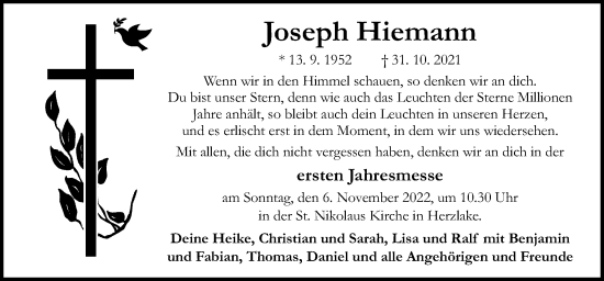 Traueranzeige von Joseph Hiemann von Neue Osnabrücker Zeitung GmbH & Co. KG