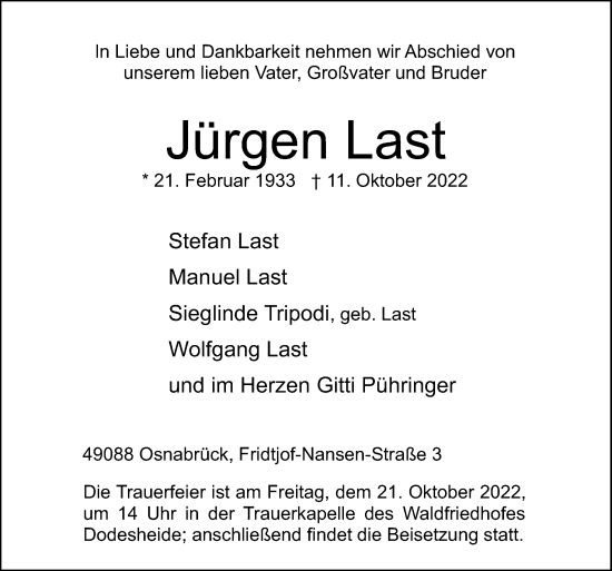 Traueranzeige von Jürgen Last von Neue Osnabrücker Zeitung GmbH & Co. KG