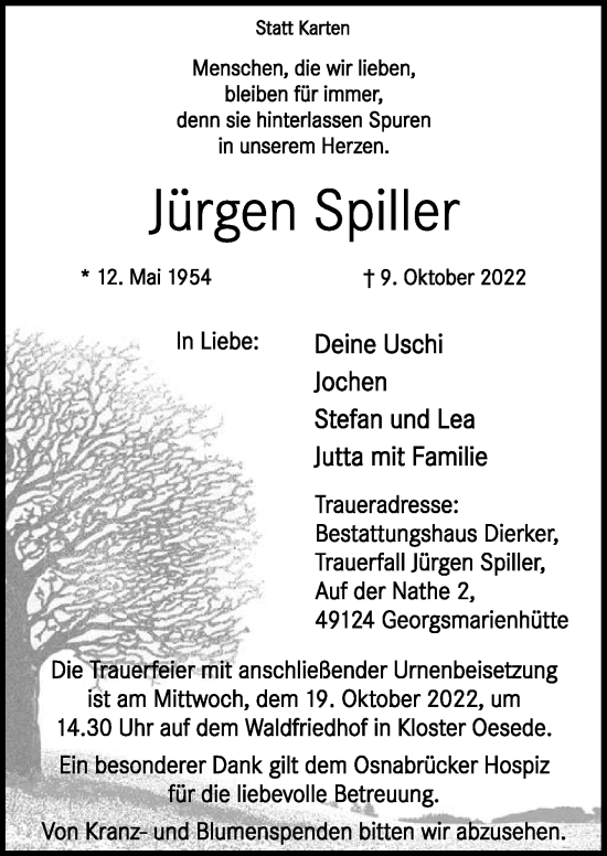 Traueranzeige von Jürgen Spiller von Neue Osnabrücker Zeitung GmbH & Co. KG