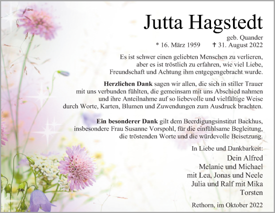 Traueranzeige von Jutta Hagstedt von DK Medien GmbH & Co. KG